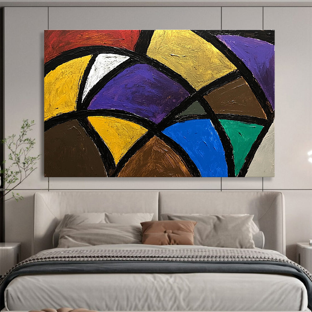 A large abstract painting featuring bold colorful lines and shapes with dark gray and beige tones, creating a sense of depth and complexity.SC440