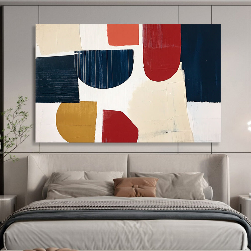 A large abstract painting featuring navy blue cream and red shapes with loose brush strokes on a white background in a collage style.SC489