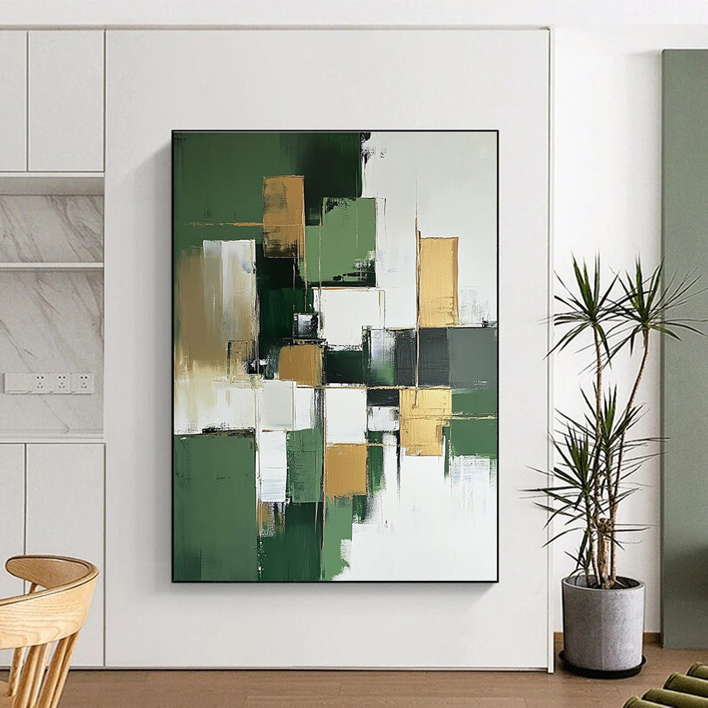 Large abstract painting in green and white with minimalist gold accents creating a striking focal point for any space.STSC611