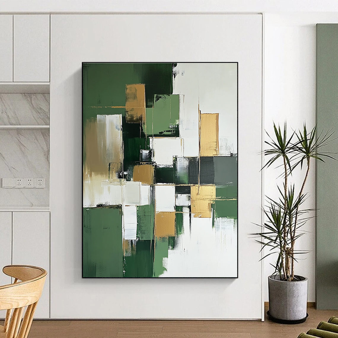 Large abstract painting in green and white with minimalist gold accents creating a striking focal point for any space.STSC611