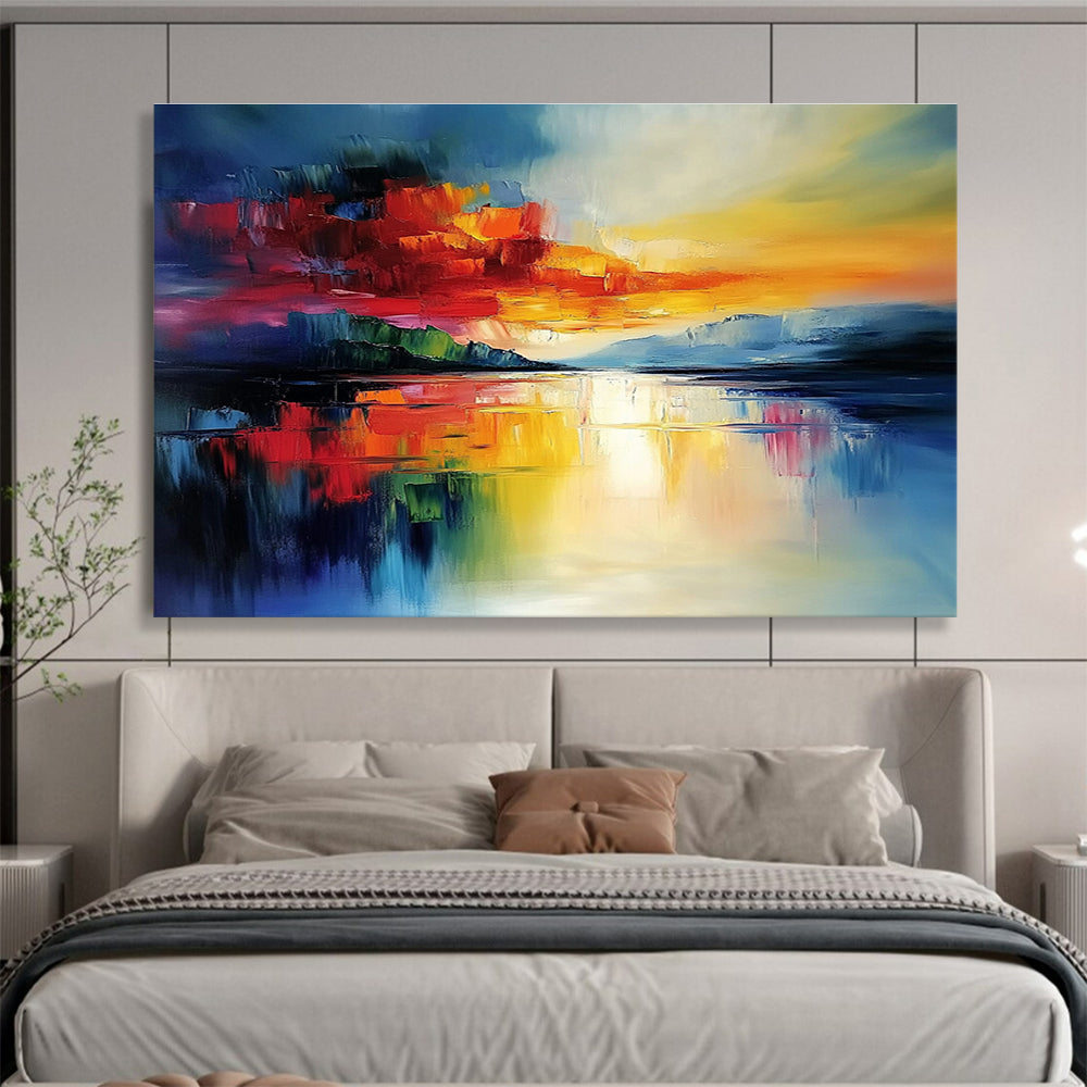Bold Color Block Sunset Abstract Painting with Vivid Reds Oranges and Blues DYP236