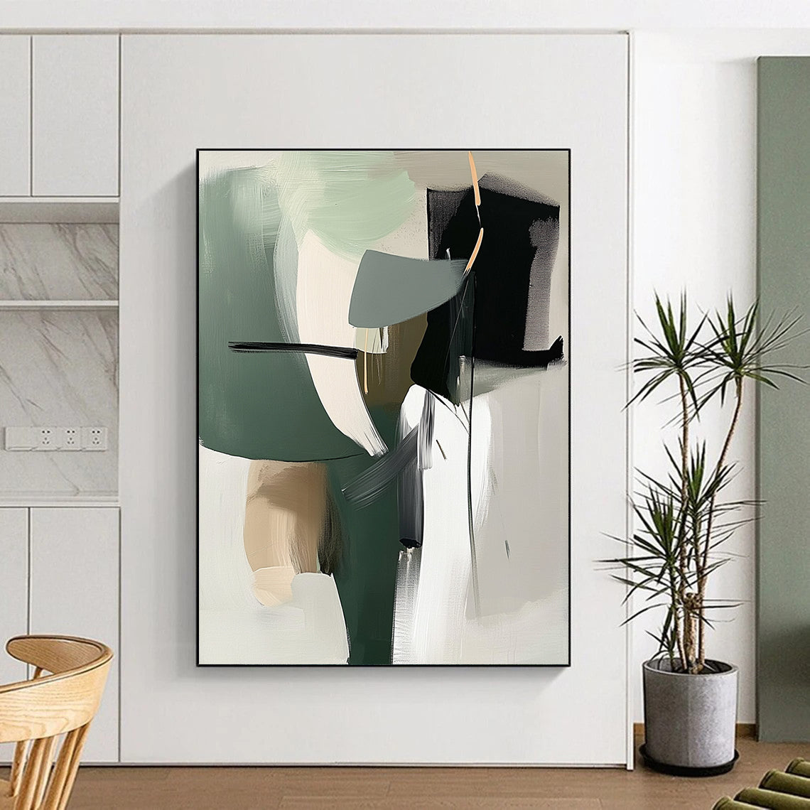 Green Gray Abstract Painting with Dynamic Shapes GER812