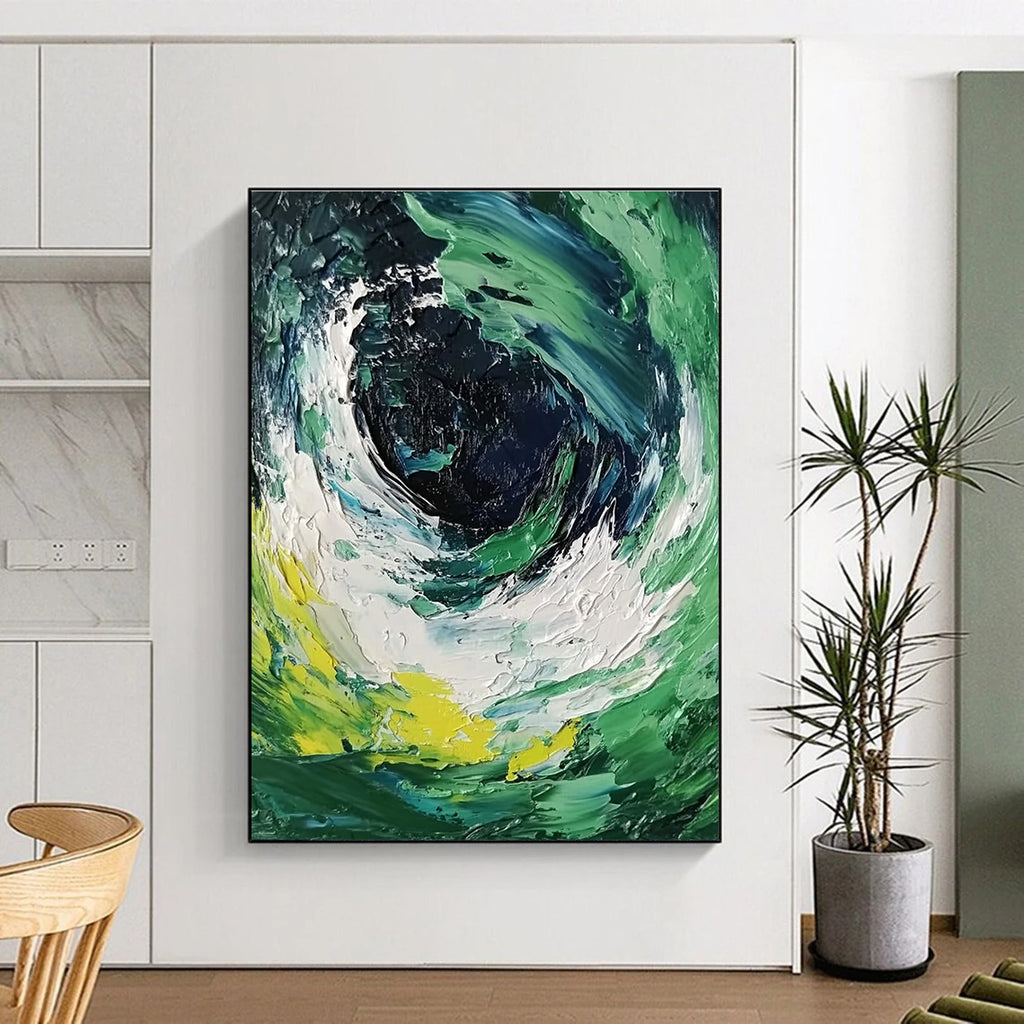 Green Blue and White Swirl Abstract Painting with Dynamic Textures GER070