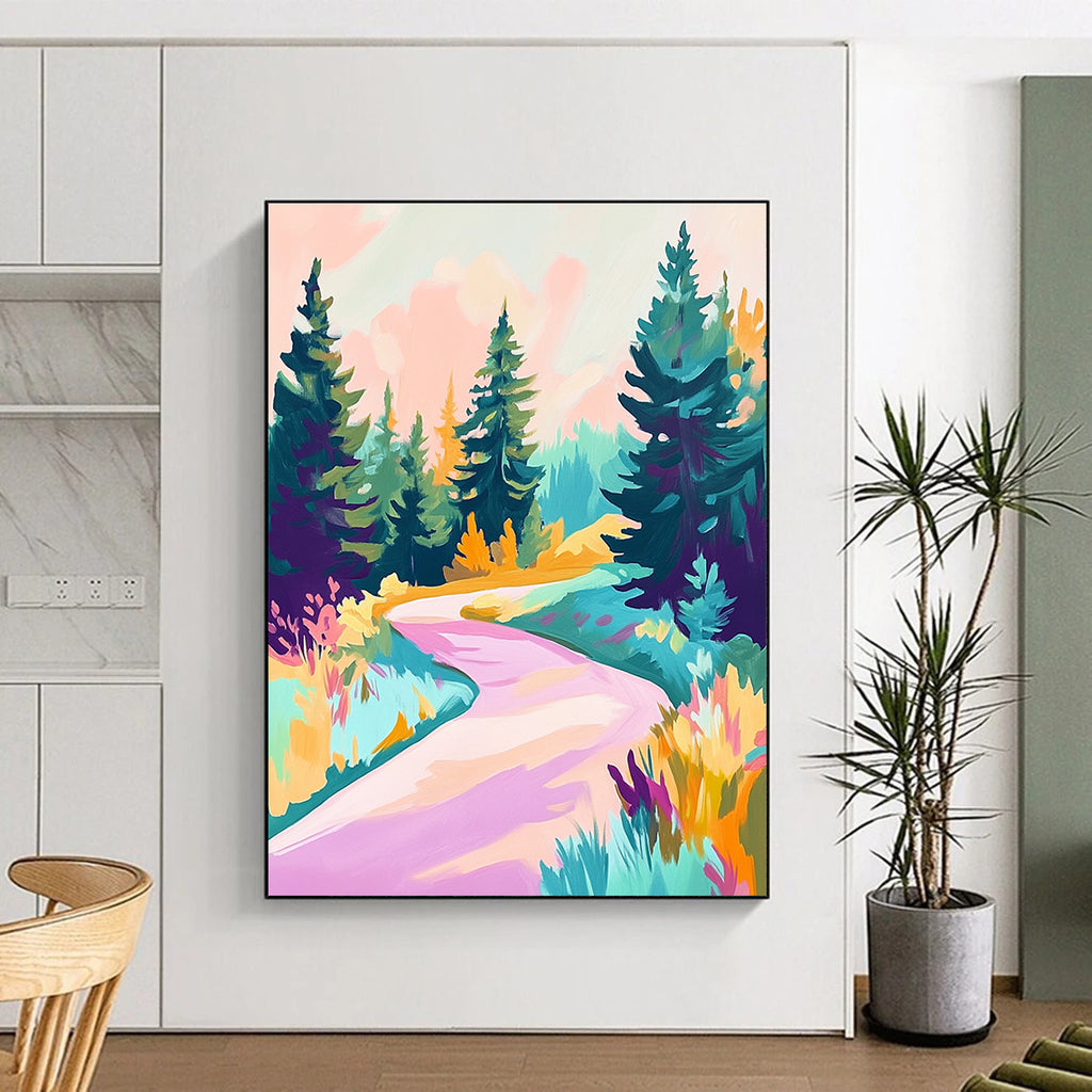 Abstract painting featuring an alpine road with pine trees in shades of teal purple pink and yellow using a soft-focus acrylic technique.STSC1019