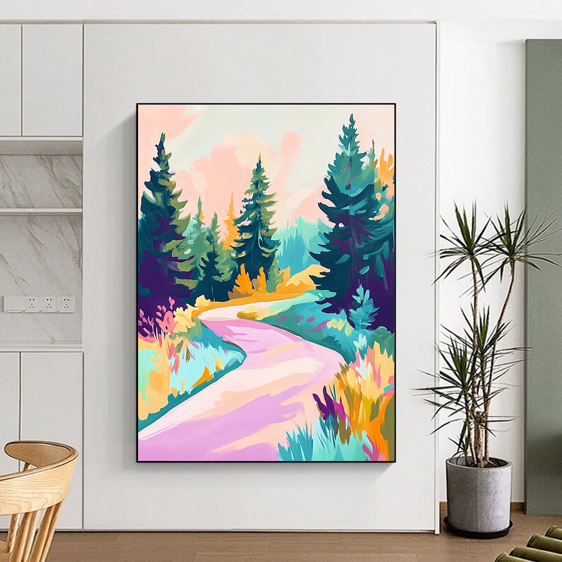 Abstract painting featuring an alpine road with pine trees in shades of teal purple pink and yellow using a soft-focus acrylic technique.STSC1019