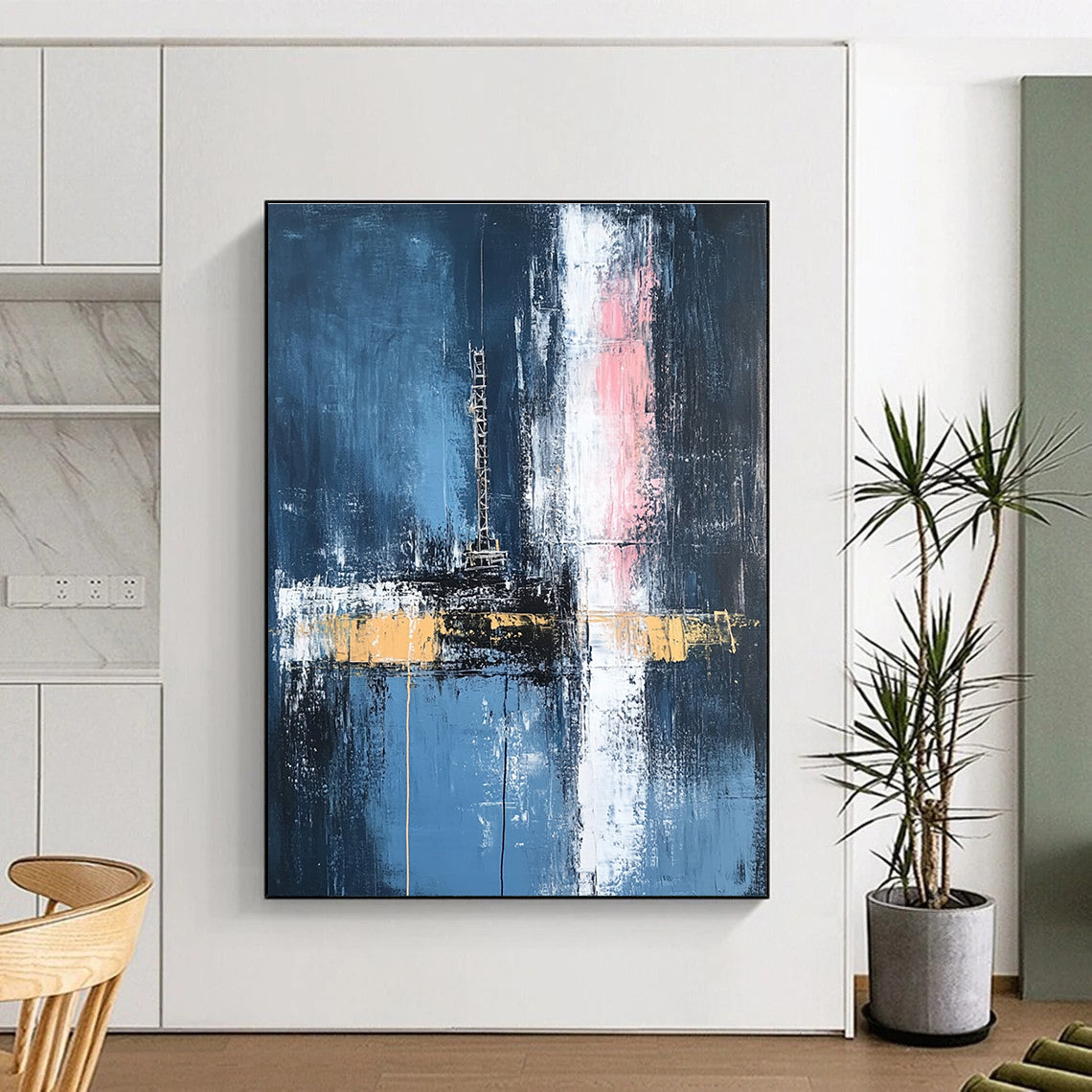 Large abstract painting depicting an oil rig in dark blue and white with hints of pink and yellow featuring loose brush strokes.STSC656