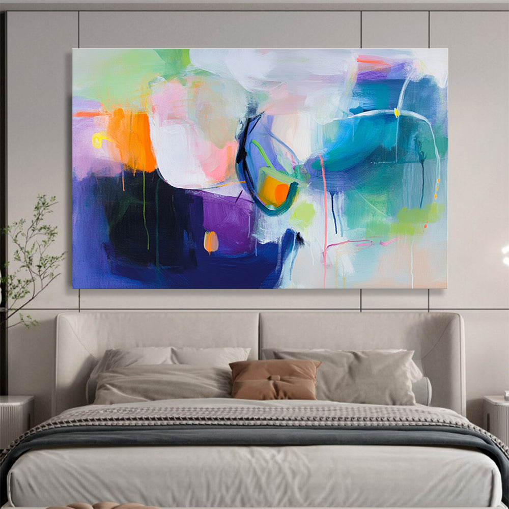 A large abstract painting featuring a colorful background with soft shapes and bold colors, evoking movement and energy with hints of pink blue green and more.SC312