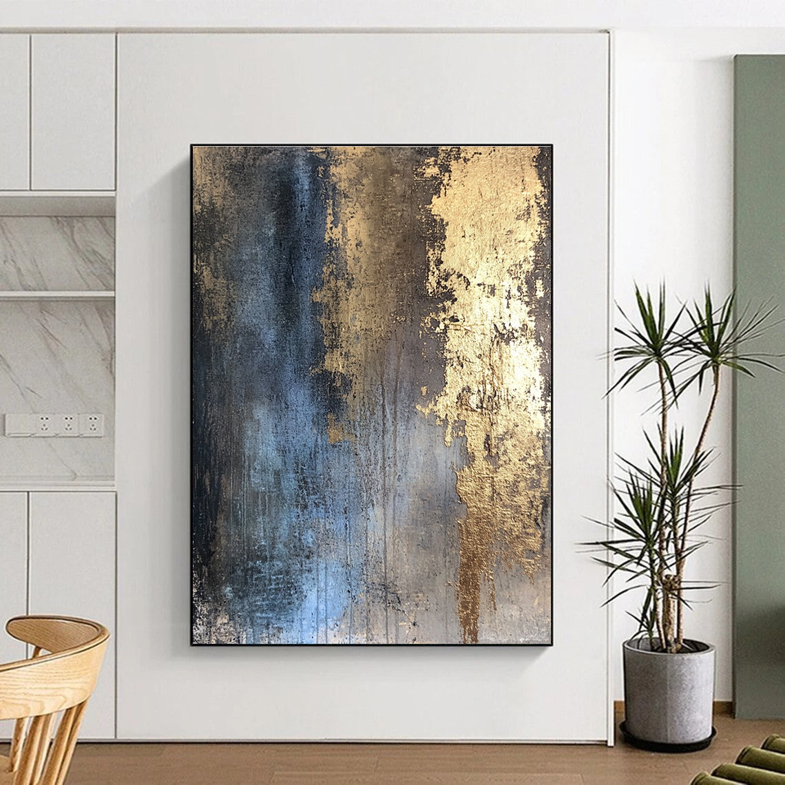 Blue and Gold Abstract Painting with Elegant Color Fusion GER094