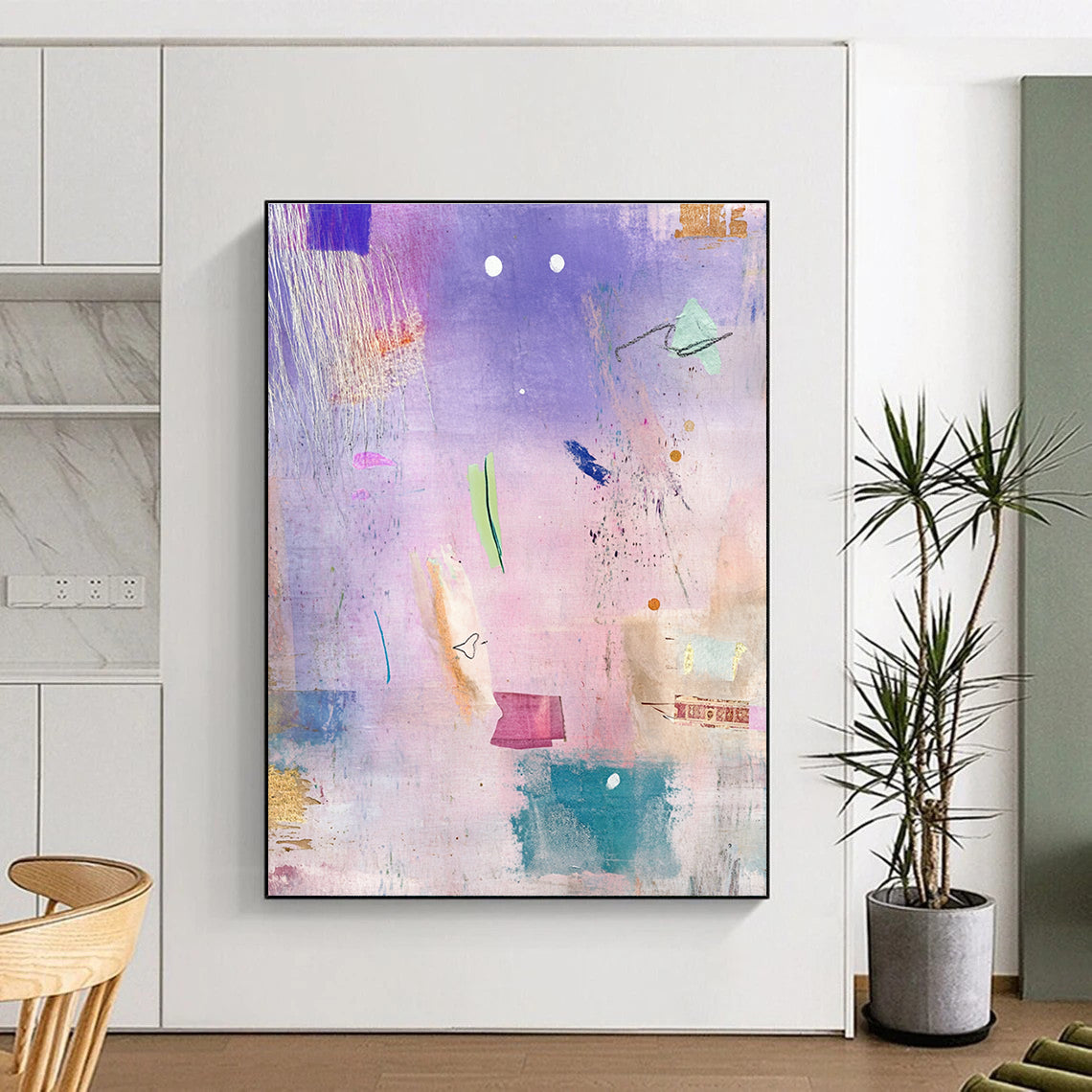 Abstract painting featuring pastel textures shapes dreamy atmosphere with dragonflies swans scattered books fabric feathers leaves watercolor technique whimsical aesthetic.STSC605