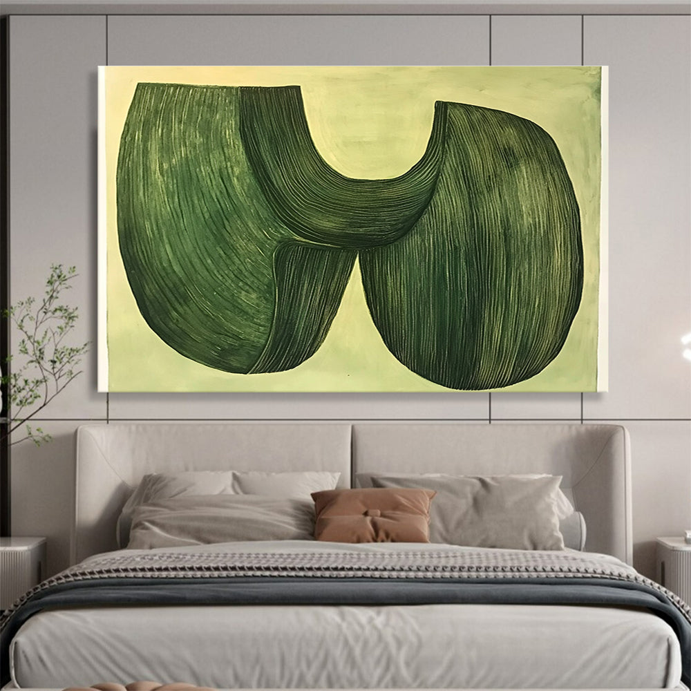 A large abstract painting featuring two organic green shapes fused together on a pastel green background in a 70s retrofuturistic style.SC614