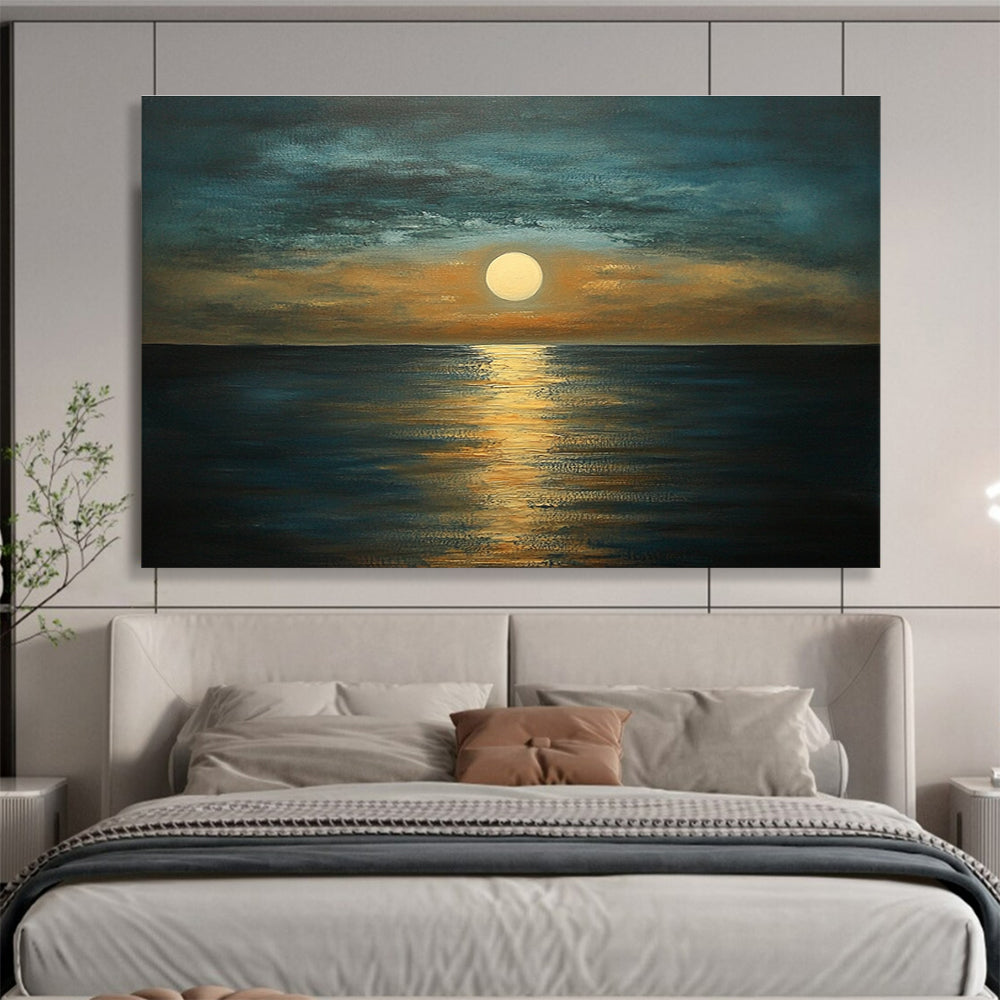A large abstract painting depicting a serene sea at dusk with muted tones of blue brown and gold capturing tranquility and harmony in nature.SC413