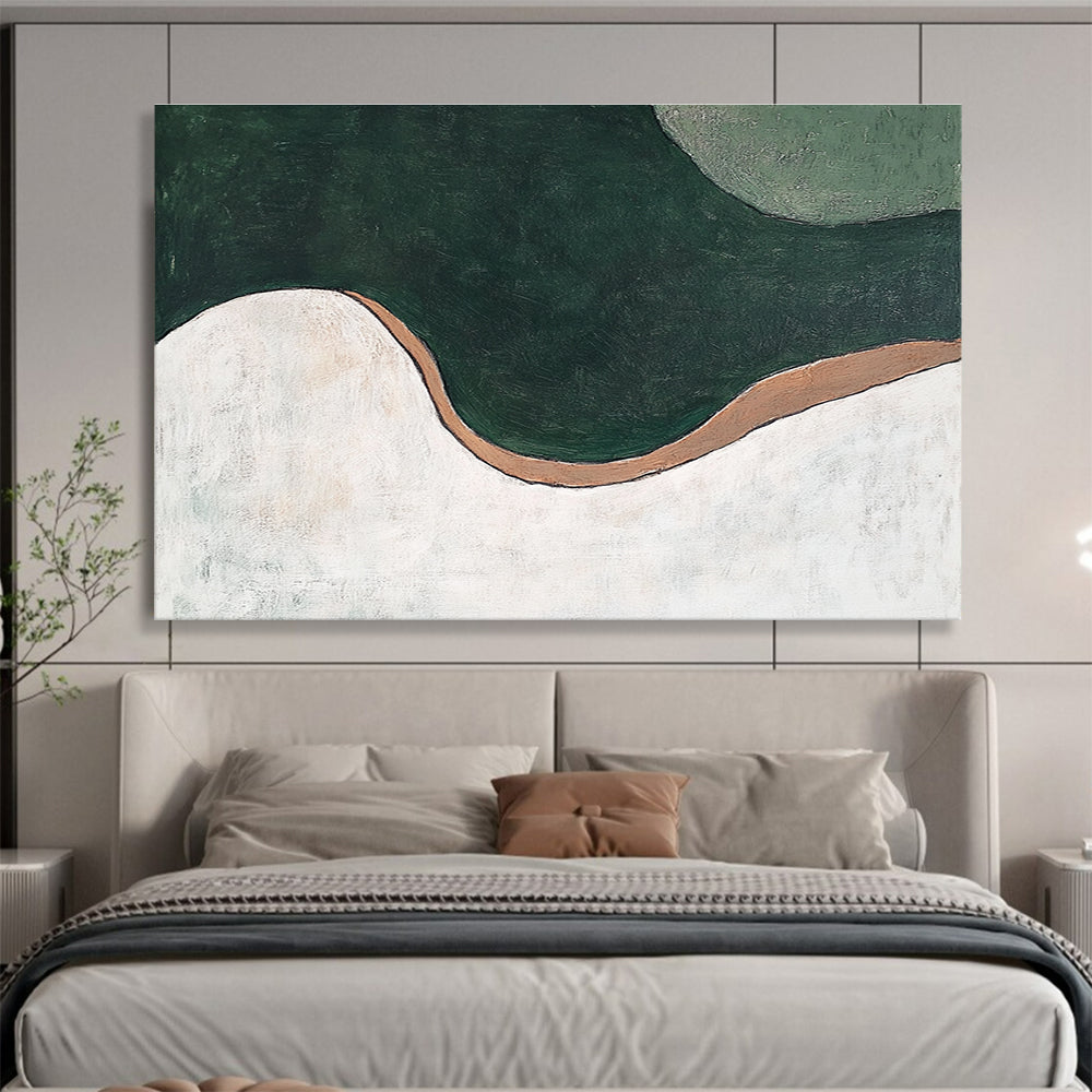 A large abstract painting featuring organic green and white curves, brown accents, resembling a river from an aerial view. Minimalistic design.SC532
