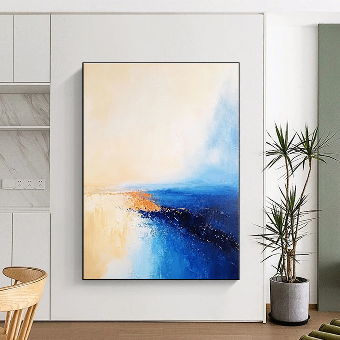 Large Abstract Oil Painting of the Sea in Blue and Beige with a Golden Sunset Horizon. Perfect for enriching any living space.STSC599
