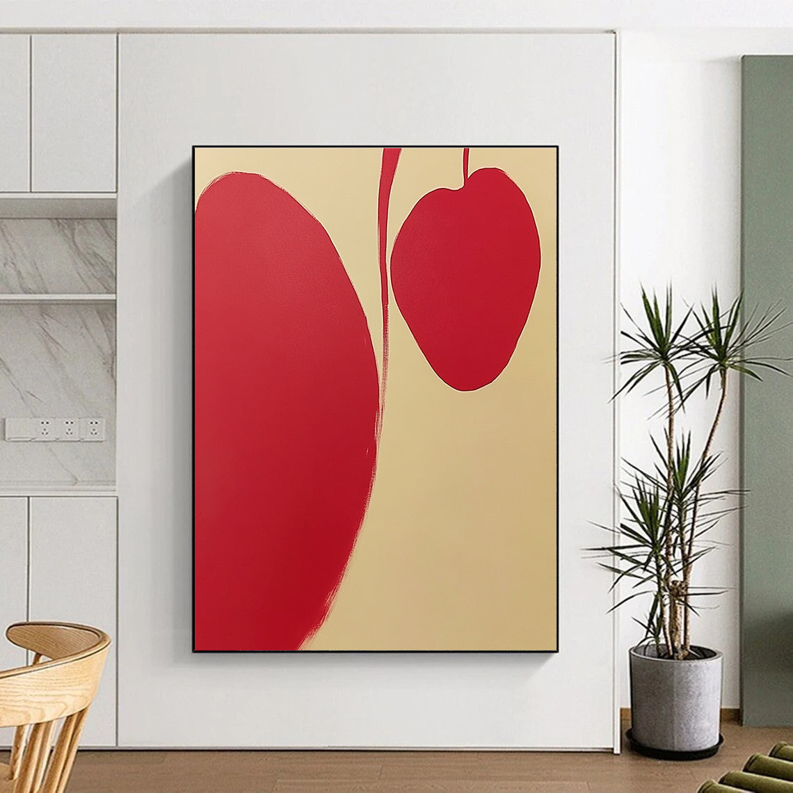 Abstract painting featuring red and cream-white background with two minimalist apple petal shapes and clean lines without shadows.STSC1105