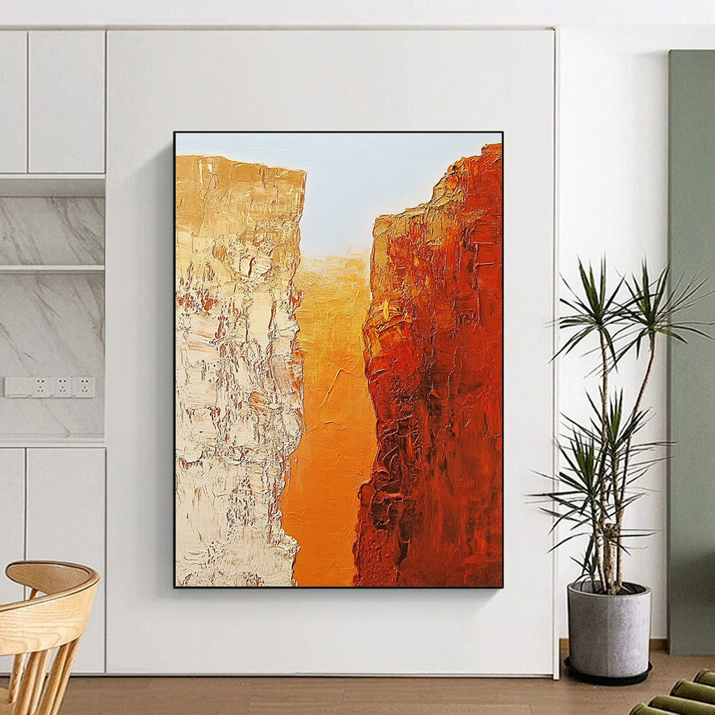 Abstract painting of two textured orange rocks symbolizing the Grand Canyon against a light blue sky in the style of Jean-Michel Basquiat.STSC713