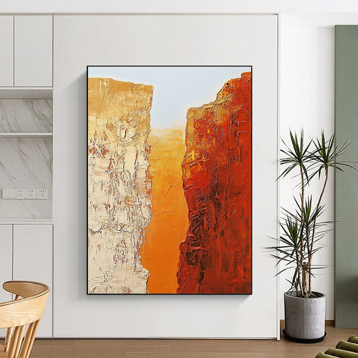 Abstract painting of two textured orange rocks symbolizing the Grand Canyon against a light blue sky in the style of Jean-Michel Basquiat.STSC713