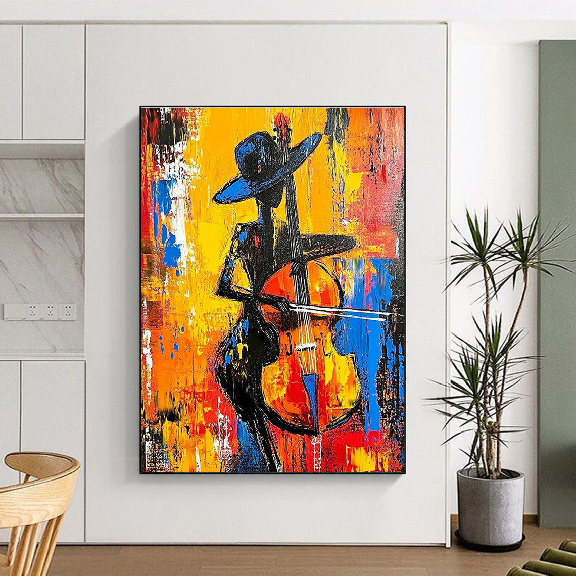 Large Abstract Painting Featuring A Woman In Black With A Hat Playing Cello In Vibrant Red Yellow Blue And Orange Tones Inspired By Anna Bocek.STSC1261