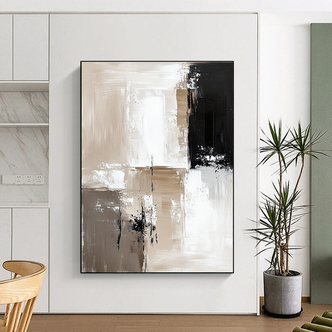 Large abstract painting featuring beige and white color blocks with thick brush strokes and black accents on a neutral background in minimalistic oil paint.STSC411