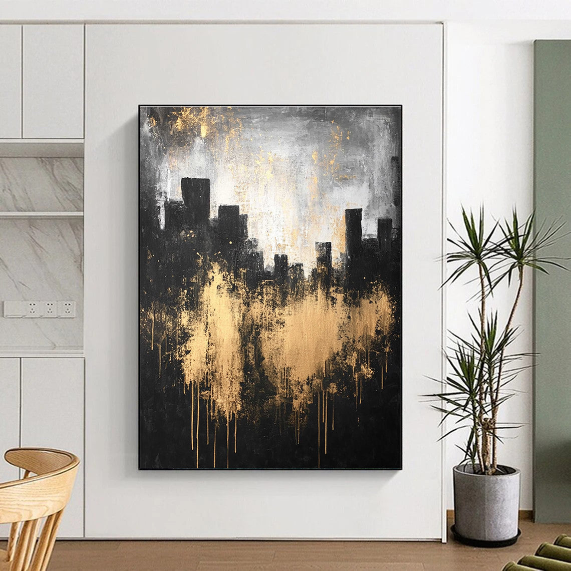 Large abstract painting featuring a city silhouette in dark gray and light gold with textured canvas and atmospheric lighting.STSC216