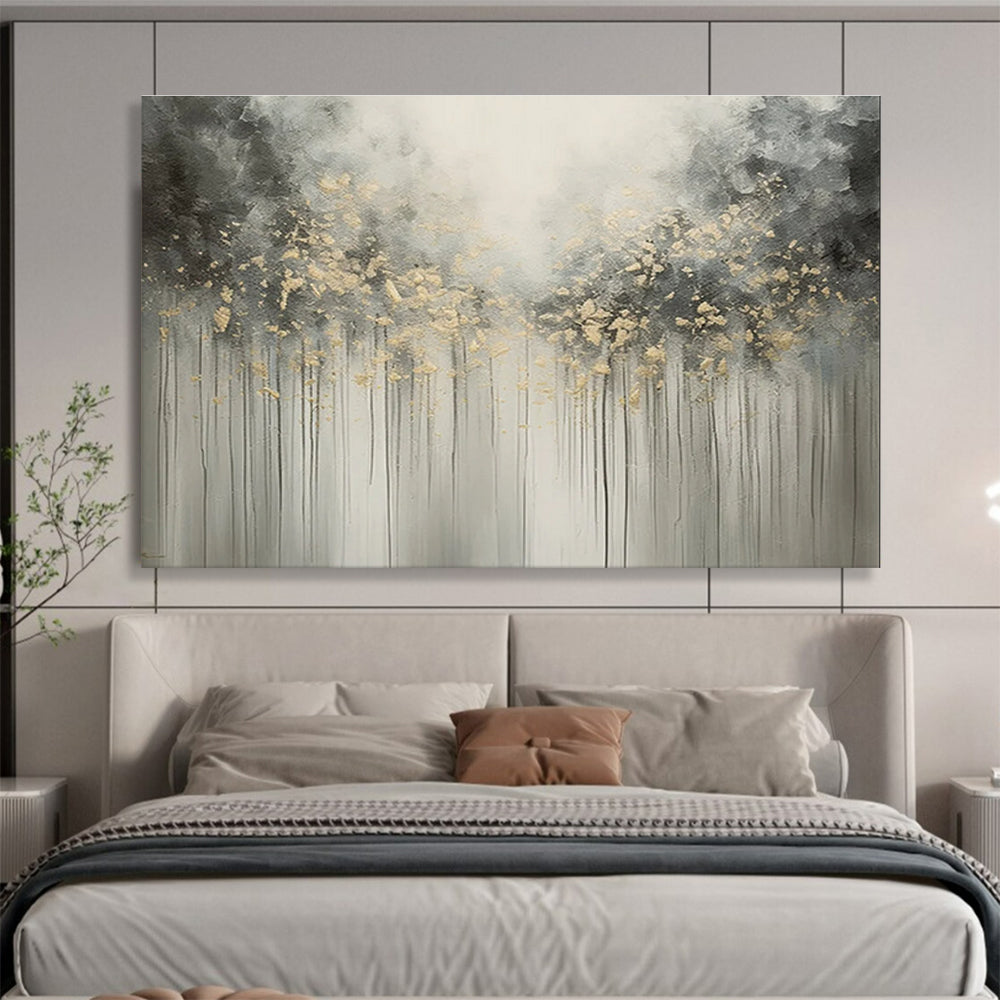 Gray Gold Drip Abstract Painting with Ethereal Tree - Like Forms THY320