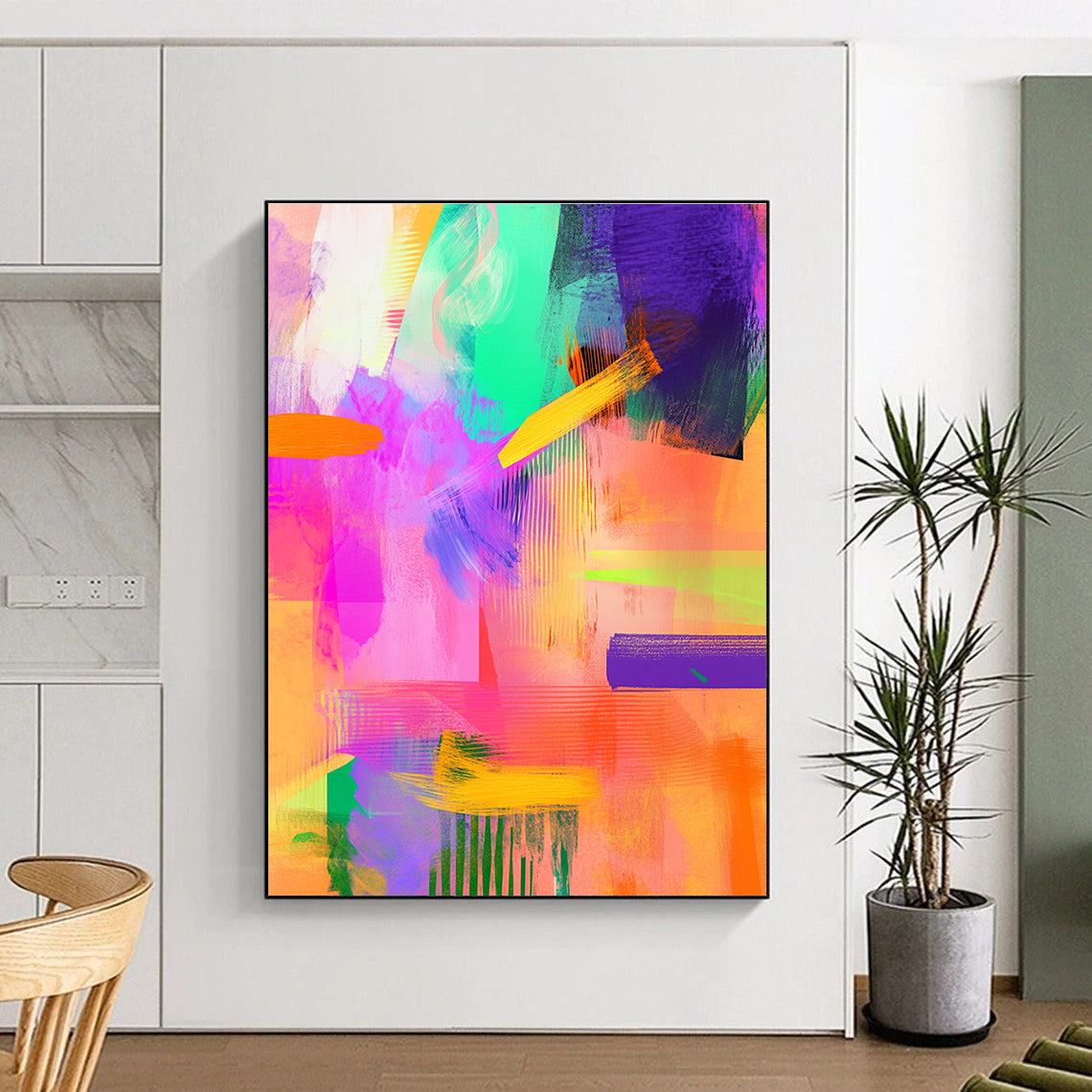 Large abstract painting featuring vibrant brush strokes in neon pink and mint green with details of purple and orange for a modern aesthetic.STSC551