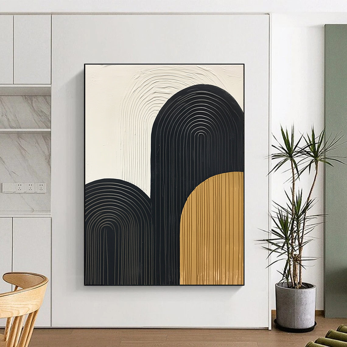 Large abstract painting with thick black lines simple shapes and textured mustard yellow accents on a white background. Modern vintage style artwork.STSC570