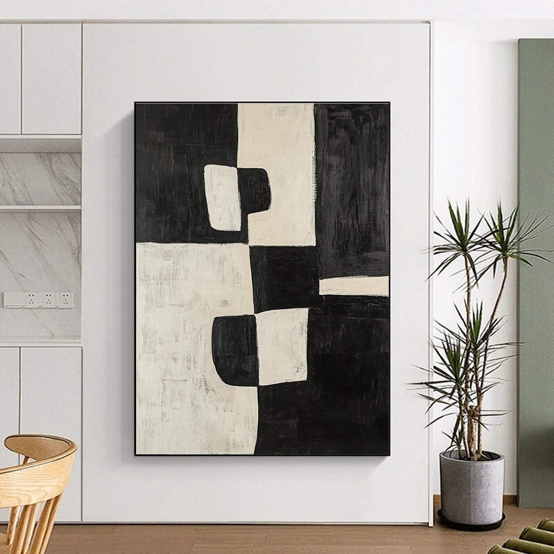 Black and White Abstract Painting with Textured Blocks GER669