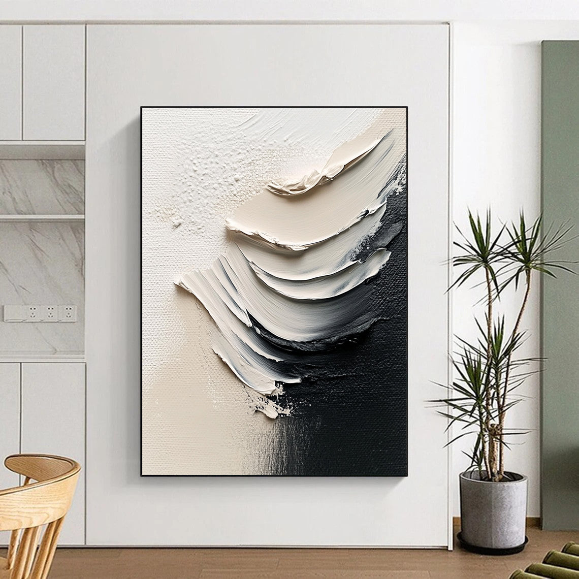 Large abstract painting featuring white paint and black brushstrokes in a minimalist style with delicate details and high-definition photography.STSC1485