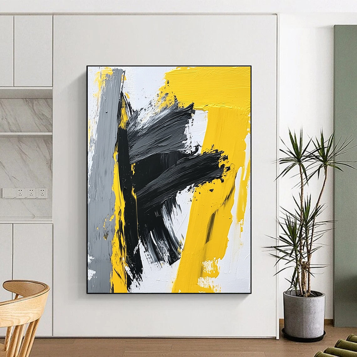 Yellow Gray and Black Abstract Painting with Bold Strokes GER412