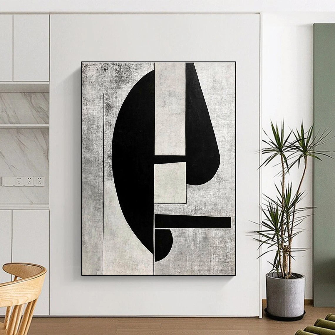Large abstract painting in black and white on grey background featuring cubism elements and minimalistic retrofuturist style inspired by 1930s art.STSC465