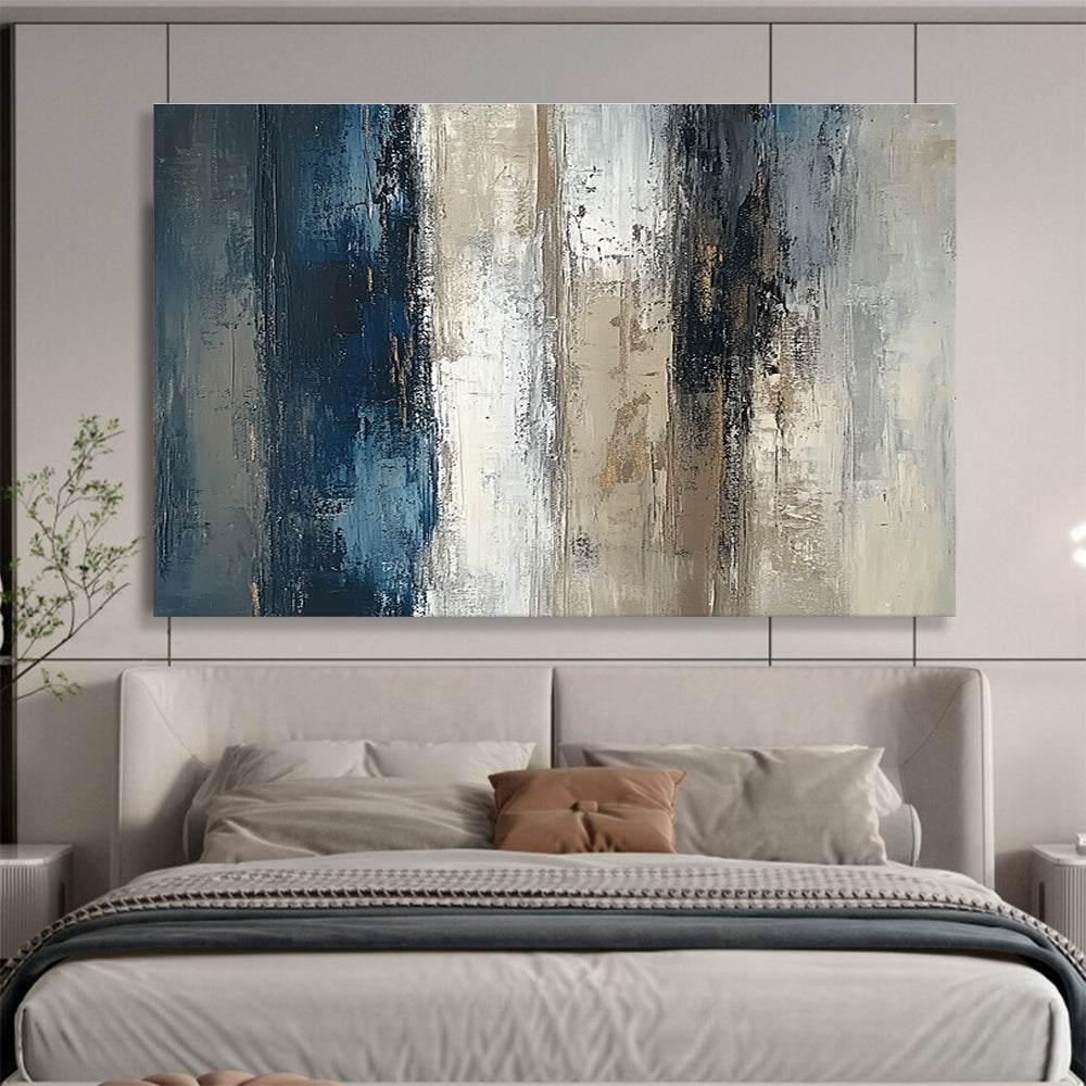 Abstract oil painting of a textured vertical wall featuring neutral tones with blue and brown accents on a beige grey and white canvas.SC121