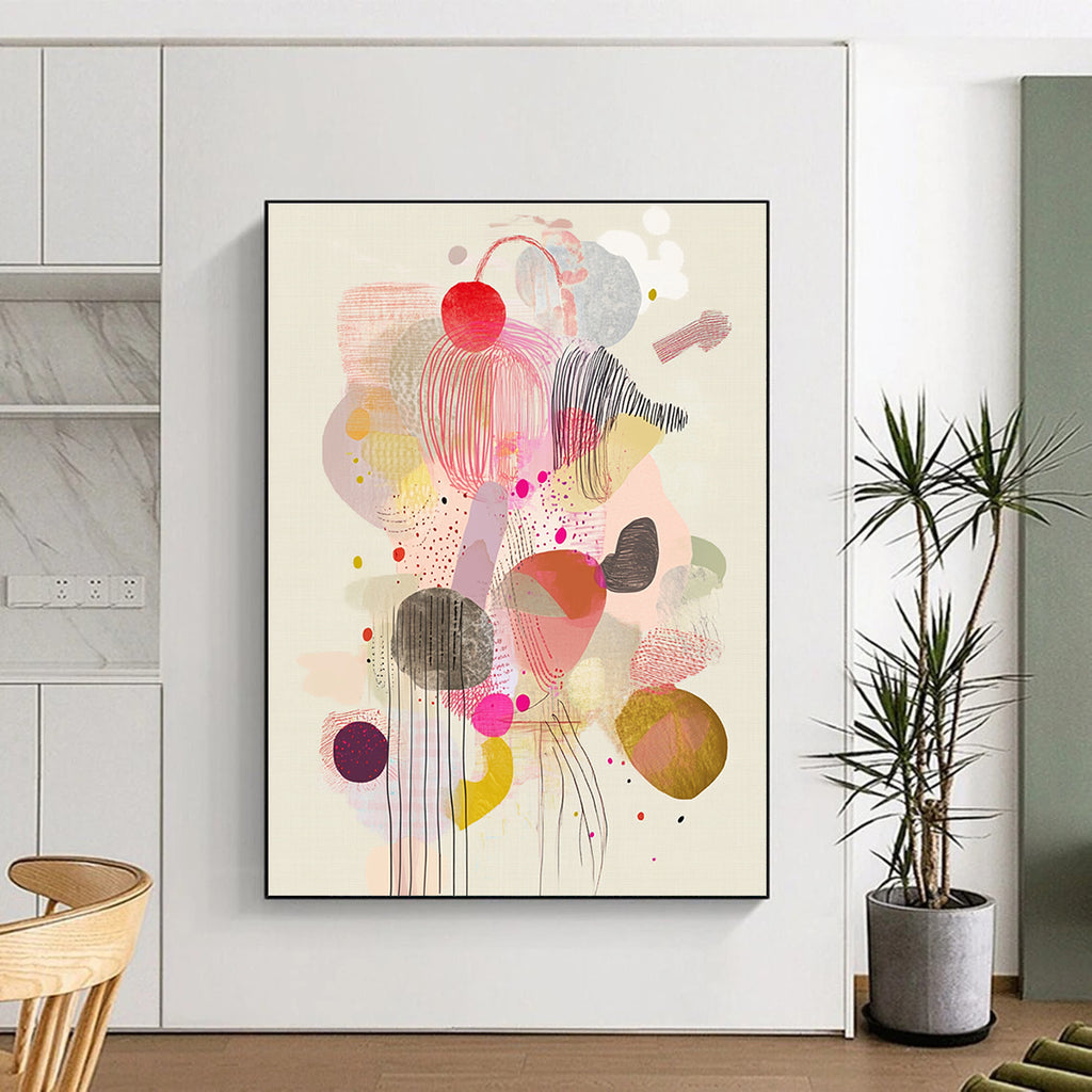 Large abstract artwork featuring whimsical floating shapes and patterns in soft pastels, showcasing bubbles ribbons and organic forms for playful visual depth.STSC1234