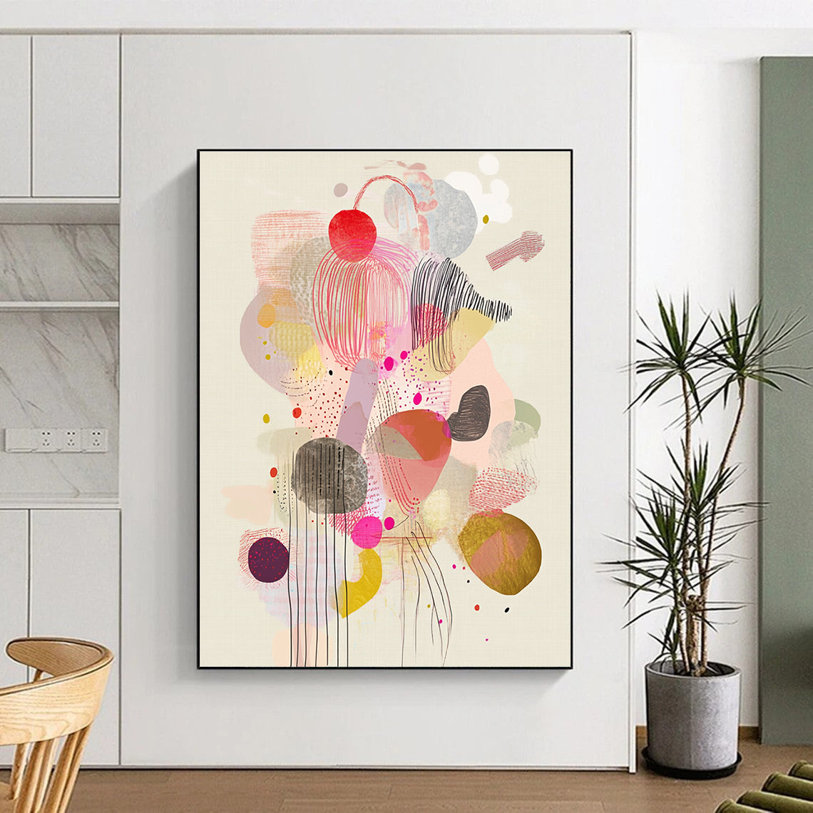 Large abstract artwork featuring whimsical floating shapes and patterns in soft pastels, showcasing bubbles ribbons and organic forms for playful visual depth.STSC1234