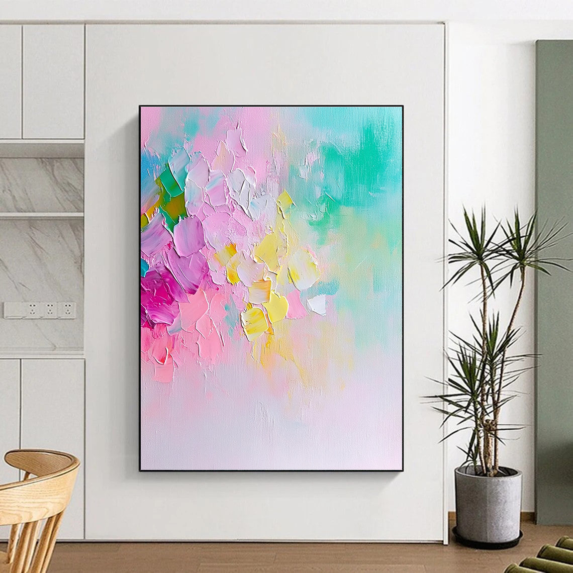 Large abstract painting in pastel colors featuring a floral composition with soft brush strokes and a dreamy springtime atmosphere.STSC442