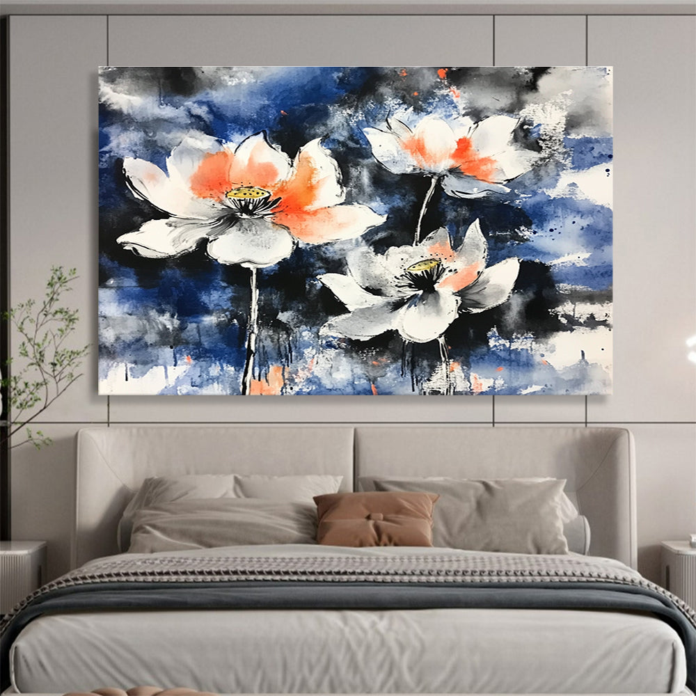 A large abstract painting featuring blooming lotus flowers with orange and white petals against a blue background using traditional Chinese brushstroke techniques.SC580