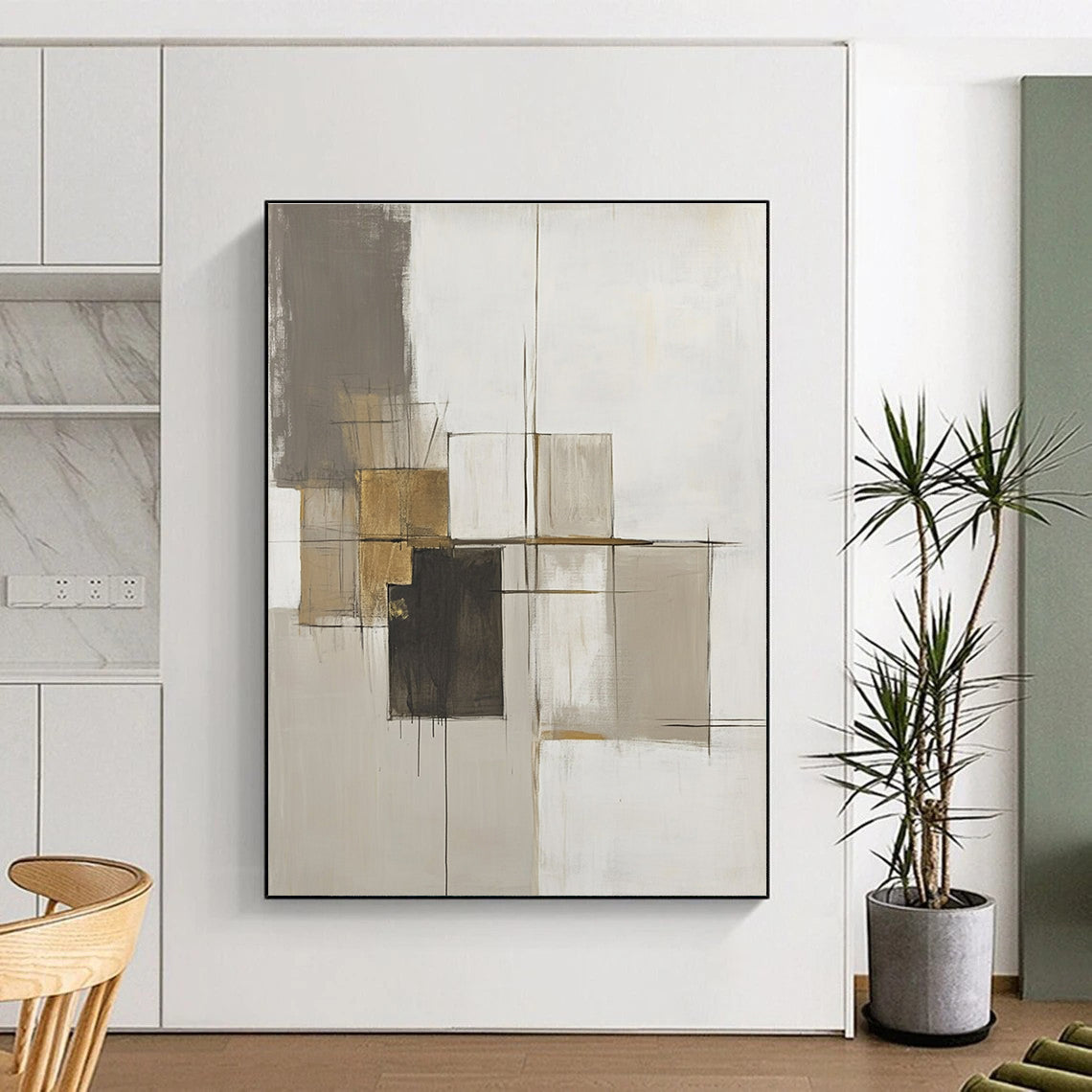 Large abstract painting featuring neutral tones, thick brush strokes, a central abstract structure, and gold accents on a minimalist canvas.STSC778