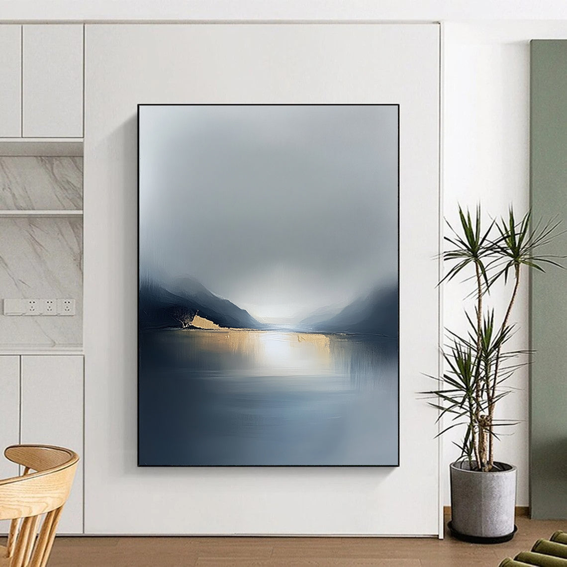 Large abstract painting in soft gray tones with gold accents evoking serene solitude and reflection on life's vast journey across a misty sea.STSC088