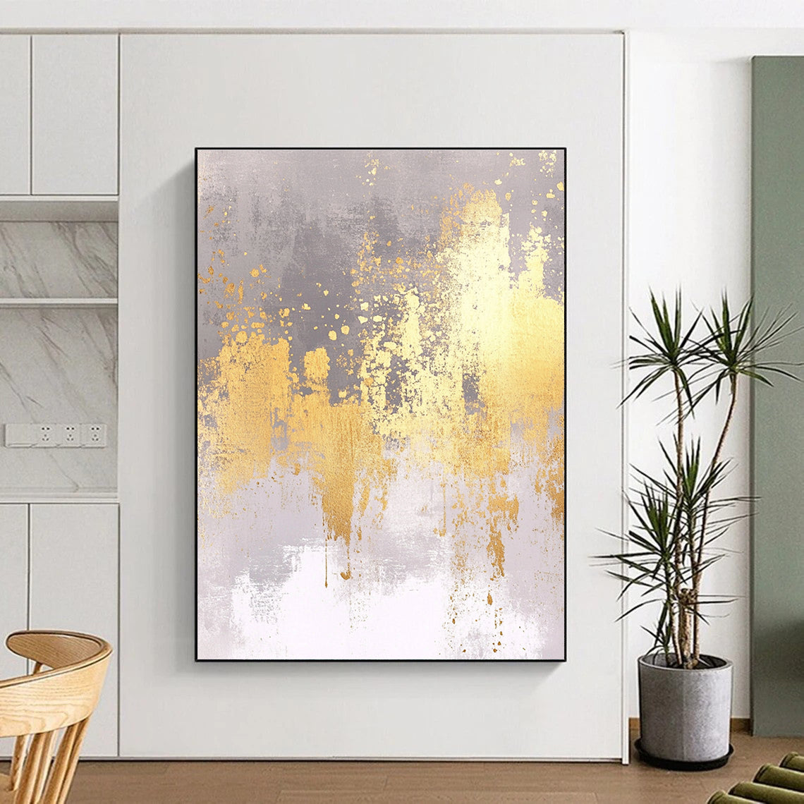 Gold and Gray Abstract Painting with Textured Splashes GER419
