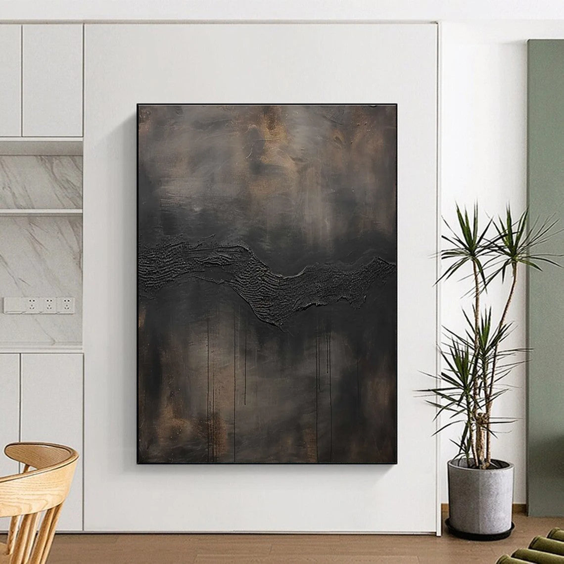 Dark Wave Textured Abstract Painting with Dramatic Lines ADGE506