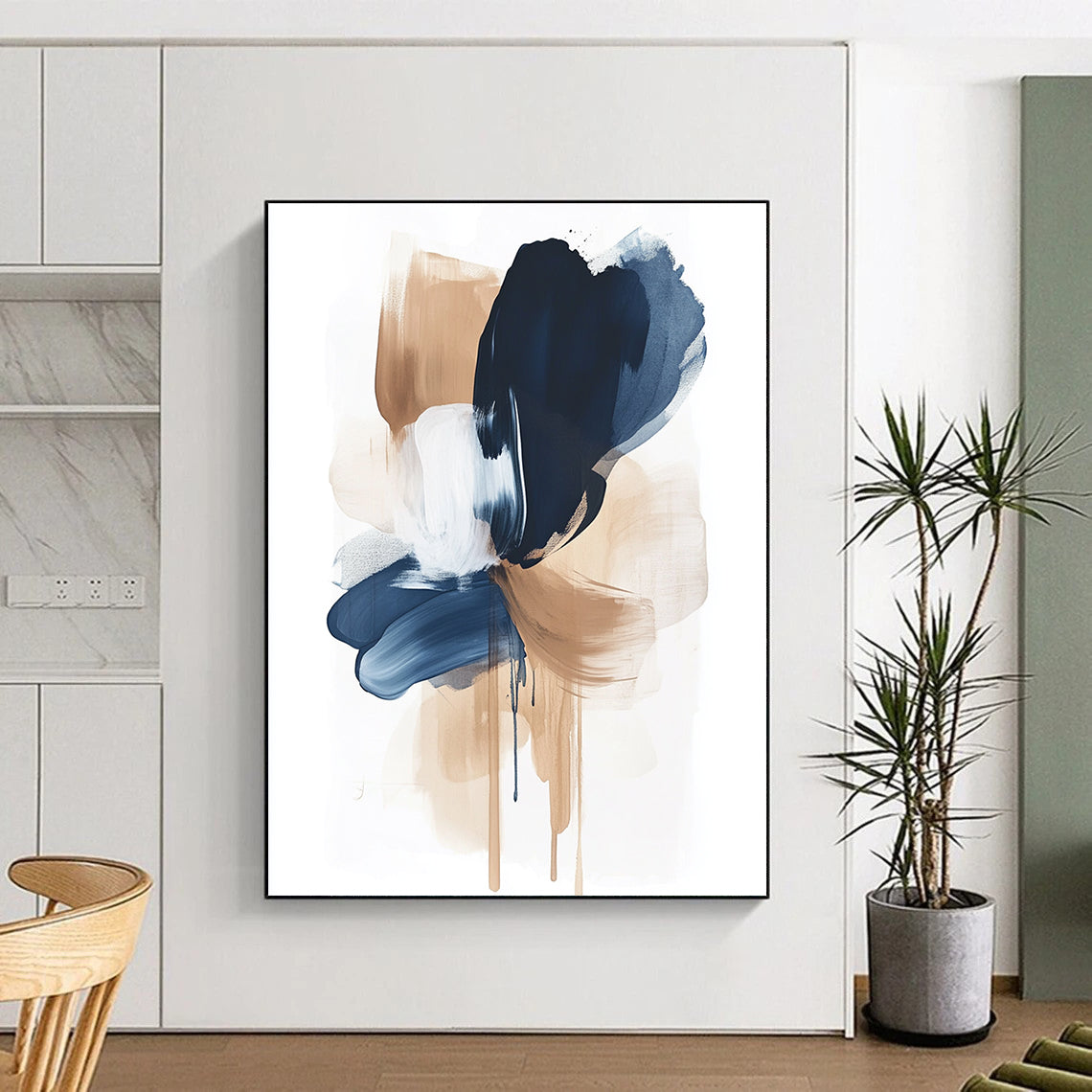 Large abstract painting featuring calming brushstrokes in navy blue and beige on a white background creating emotional shapes and a sense of balance.STSC1325