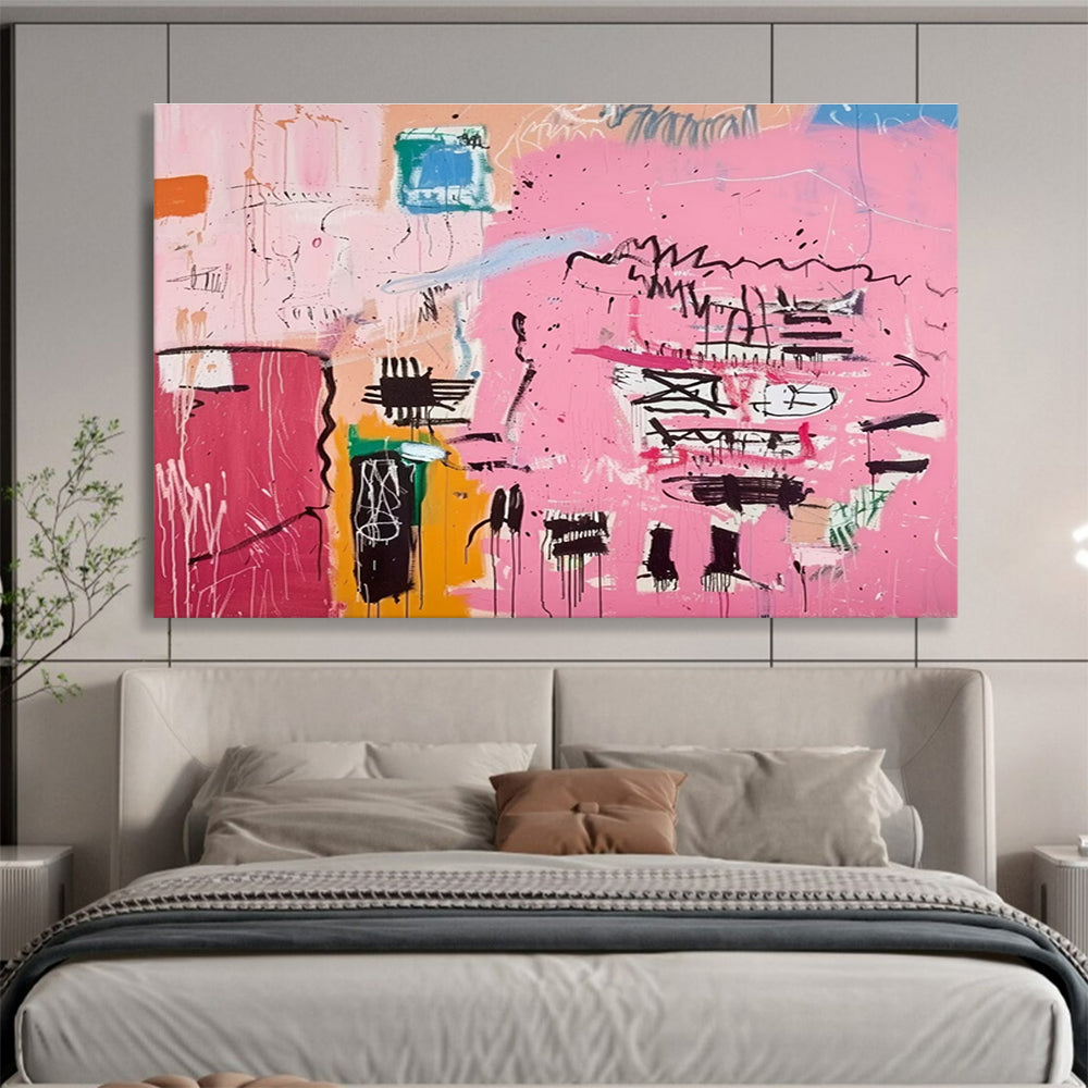 Pink Abstract Graffiti Painting with Pink, Black, and Colorful Doodles THY198