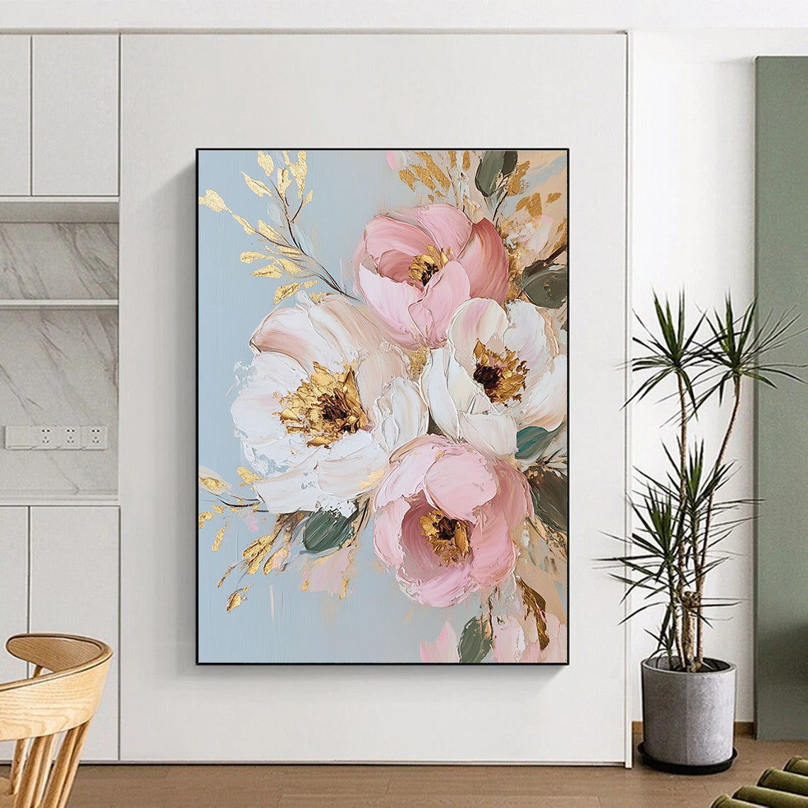 Large abstract painting featuring light pink and gold flowers on a light gray background with exquisite details and a white and cream style.STSC1375