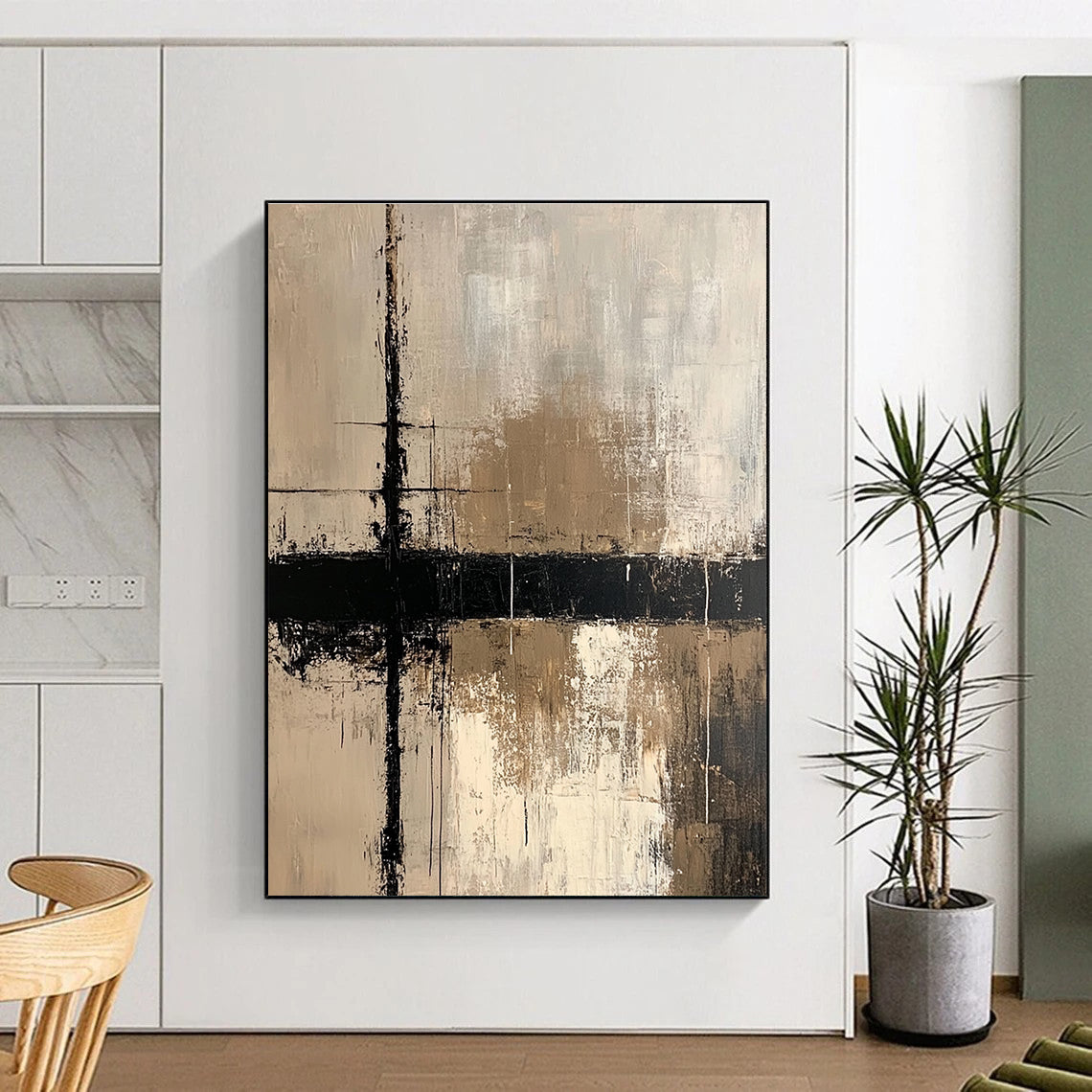 Large abstract painting with beige white and black lines on dark gray textured background featuring a prominent cross evoking tranquility and mystery.STSC437