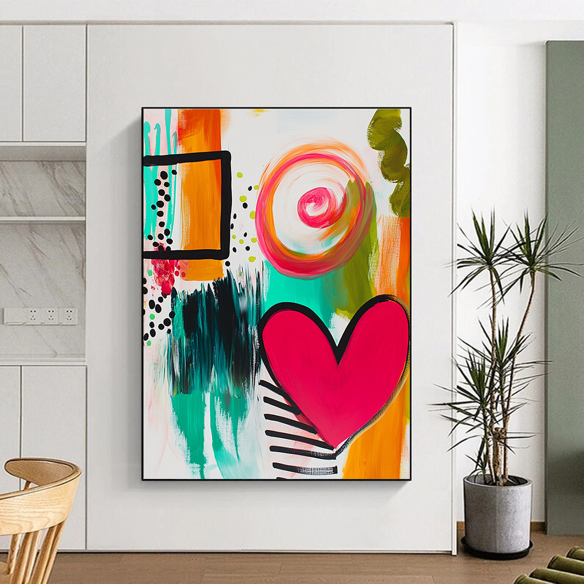 Large abstract painting featuring bold lines bright colors stripes and dots with a joyful heart shape and lively green swirls.STSC745