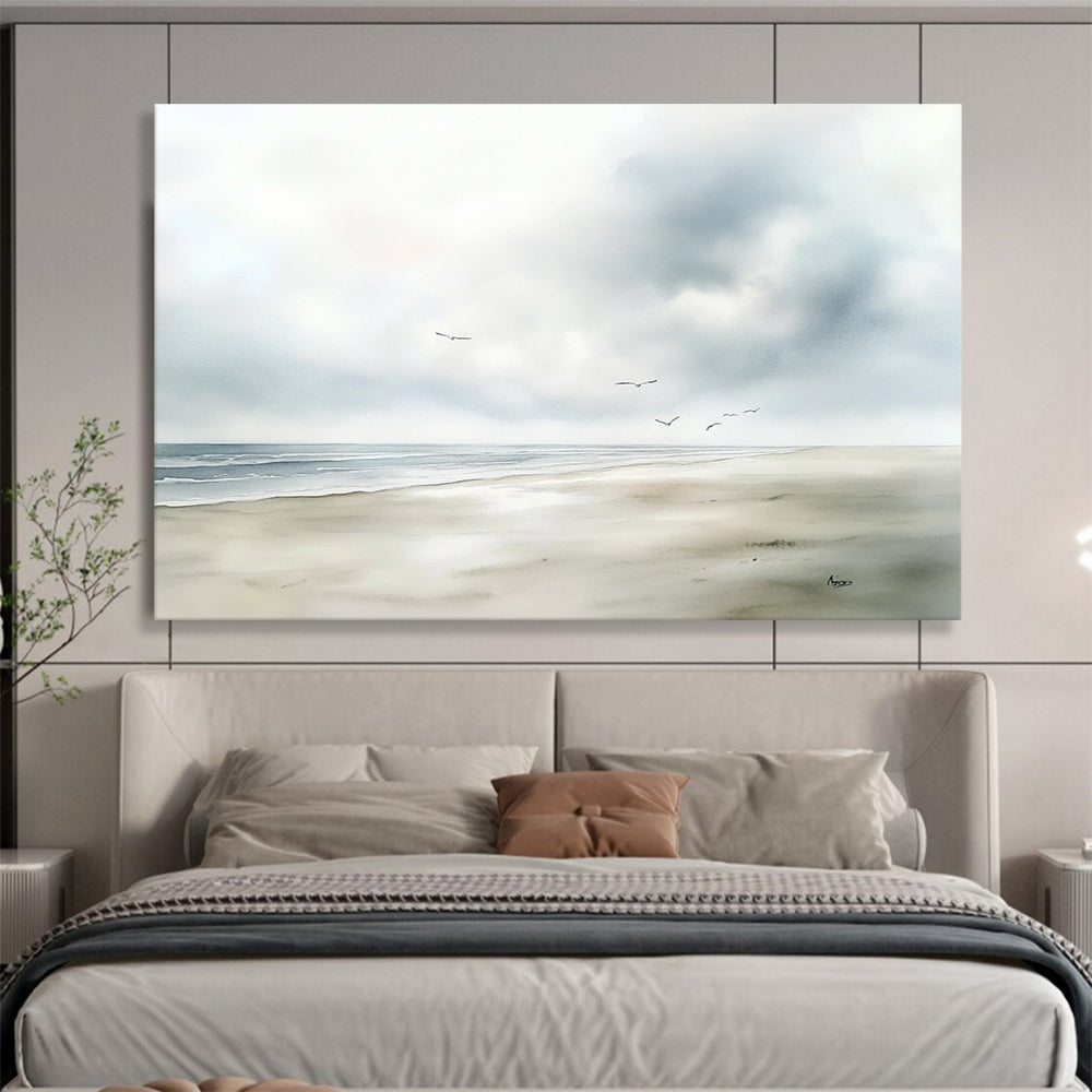 Seaside with Birds Watercolor Abstract Painting with Soft Blues and Grays DYP613