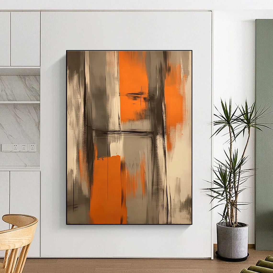 Large abstract painting featuring orange and gray brush strokes creating an atmospheric background perfect for a furniture exhibition inspired by Chinese aesthetics.STSC782
