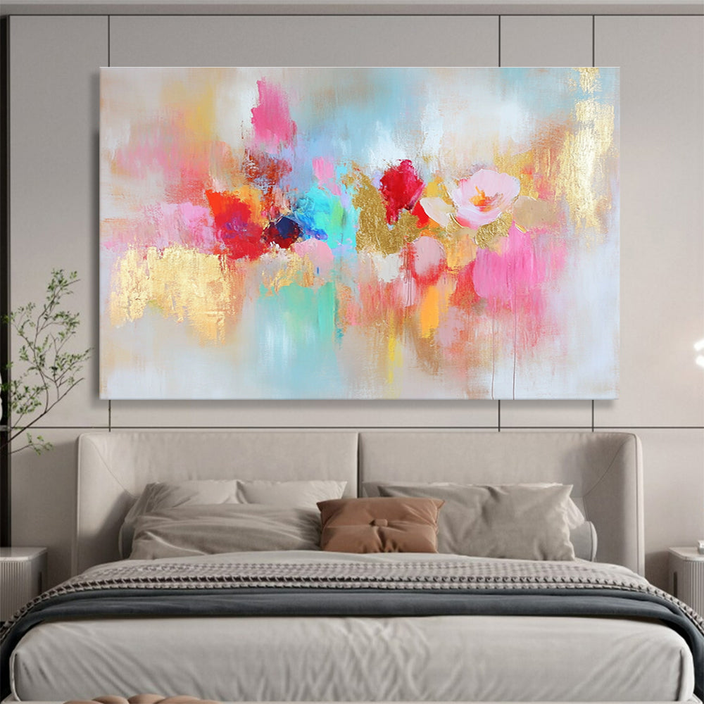 Large abstract painting with vibrant colors and gold leaf accents symbolizing happiness creativity and hope on a soft textured white background.SC264