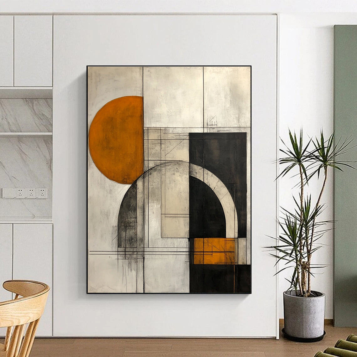 Large abstract painting featuring geometric shapes in gray mustard yellow and copper with architectural elements on a white background.STSC754