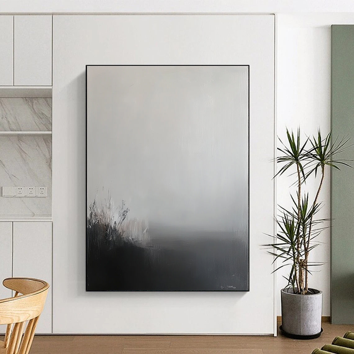 Large abstract painting featuring a grey sky and misty landscape in soft tones and neutral colors creating a calming and contemplative atmosphere.STSC288