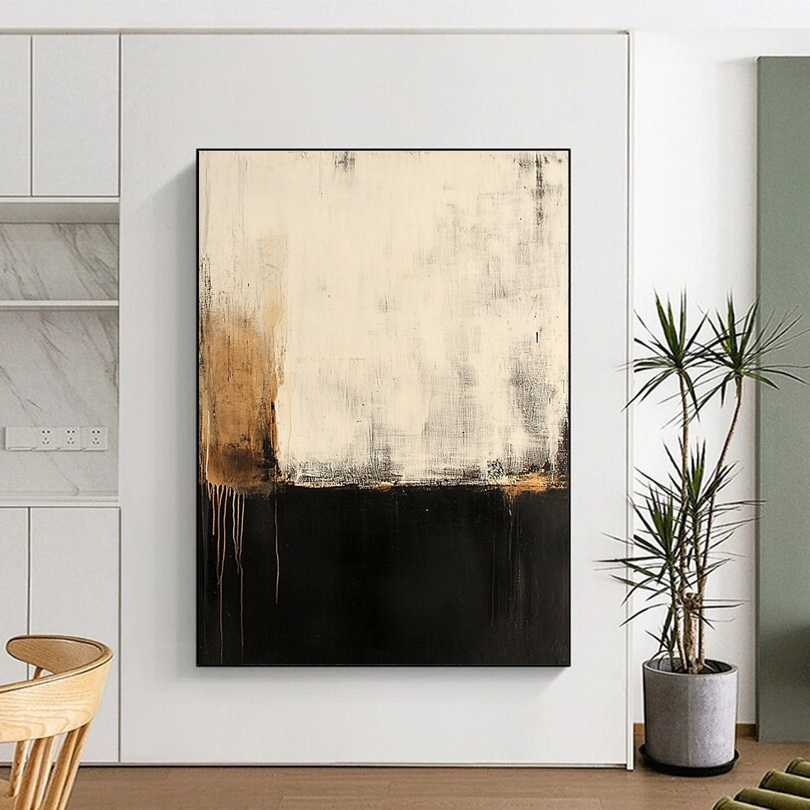 Large abstract painting of a serene old wall with peeling paint and rusted accents in soft muted tones of black gray and gold.STSC606